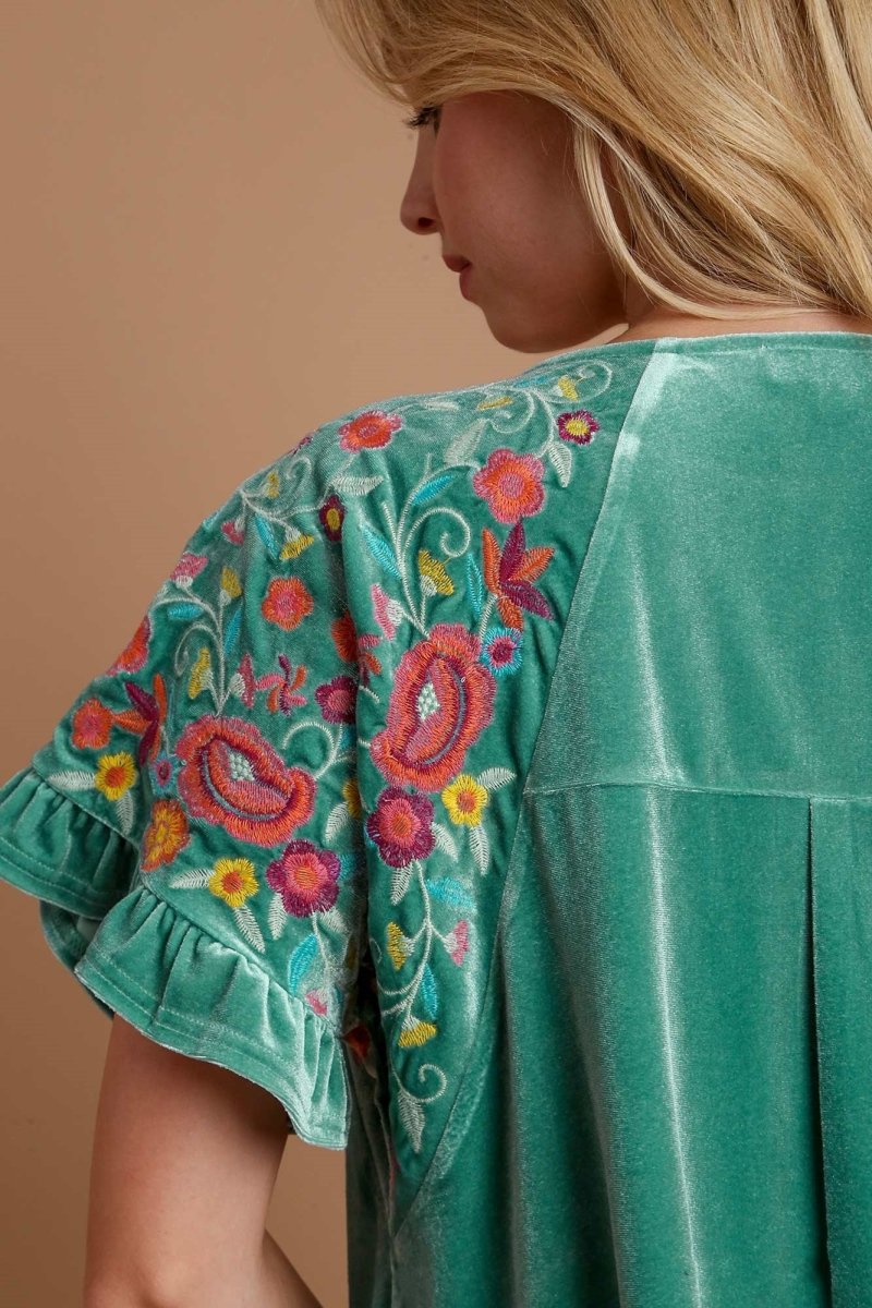 Umgee Velvet Embroidery Short Sleeve Blouse for Women - Love Salve